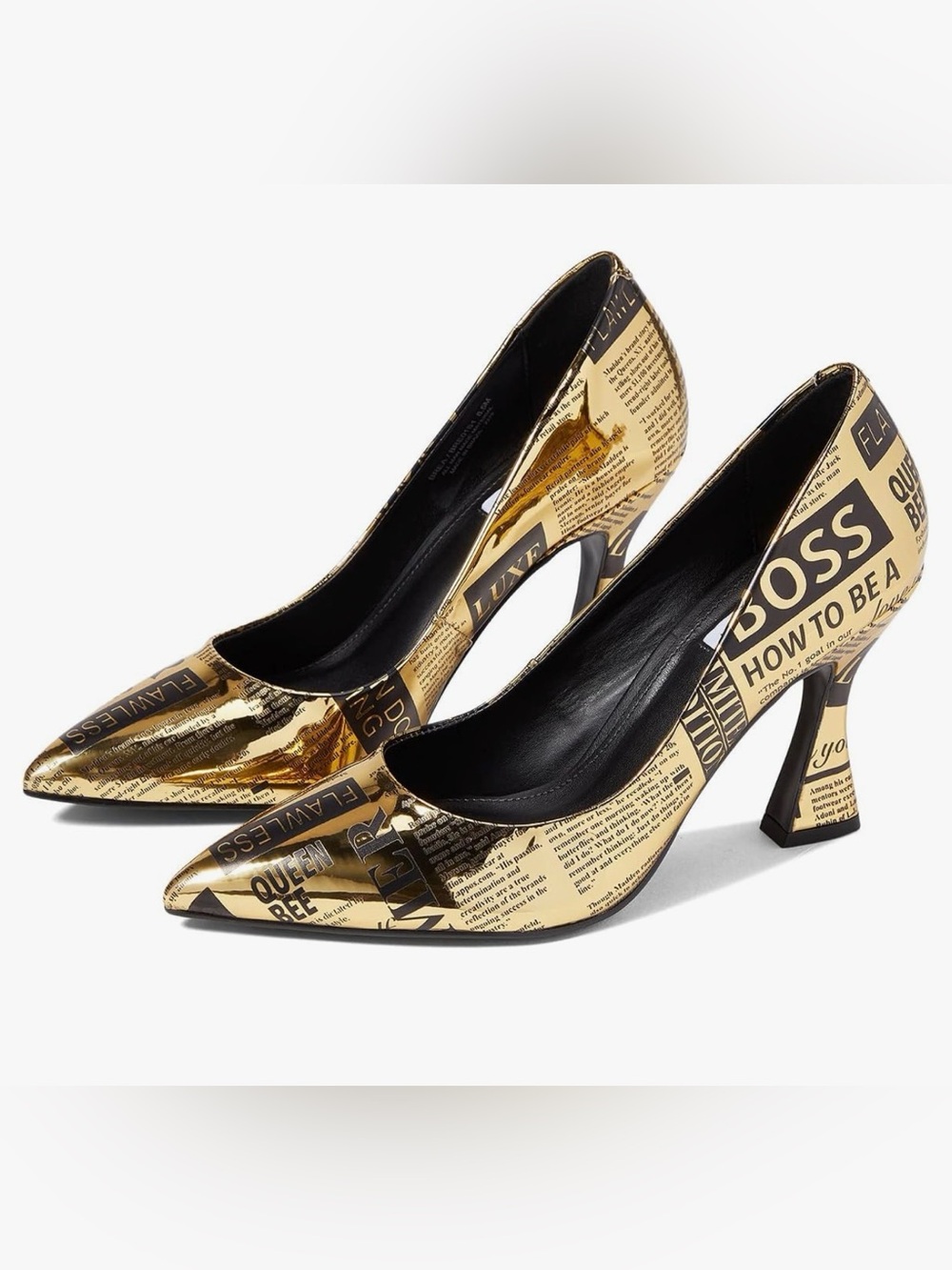 Steve Madden Brea Pumps. A Bold, Metallic Gold Newspaper Print Pointed Toe.